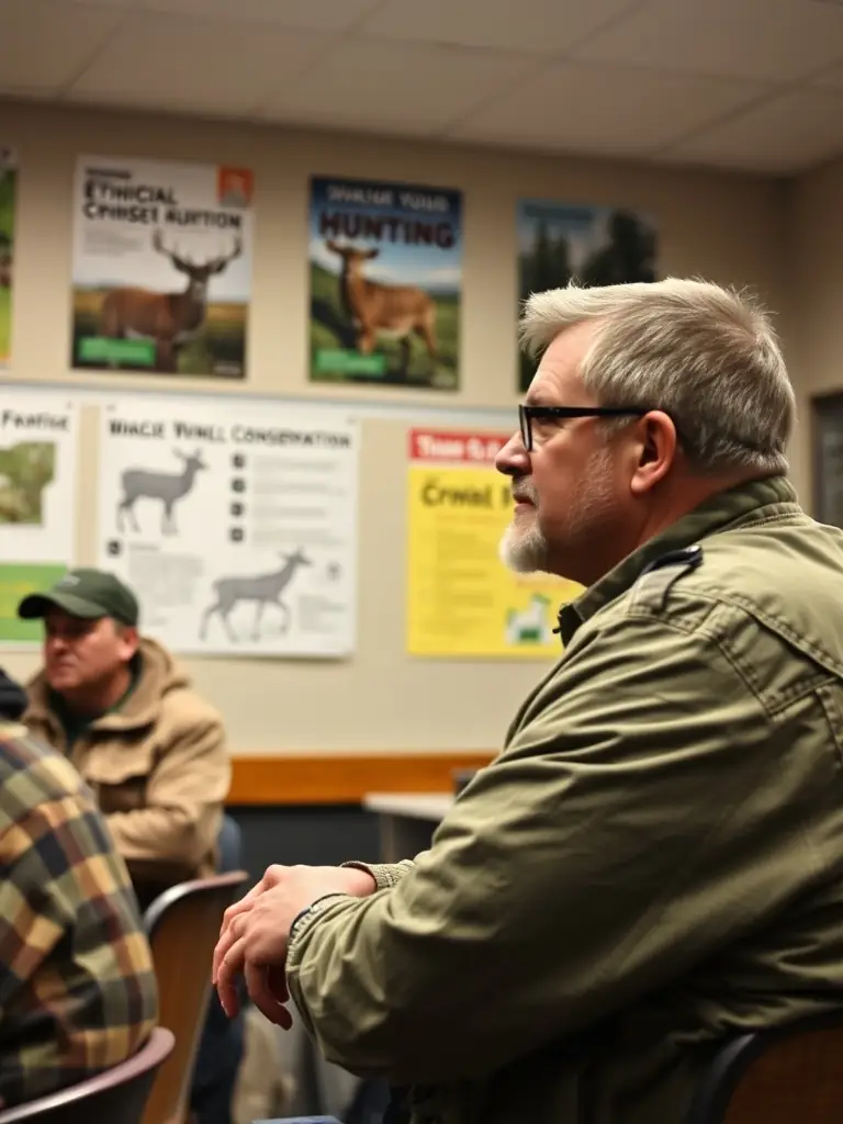A close-up image of a hunter participating in a training workshop, focusing on ethical hunting practices and wildlife conservation, set in a classroom environment.
