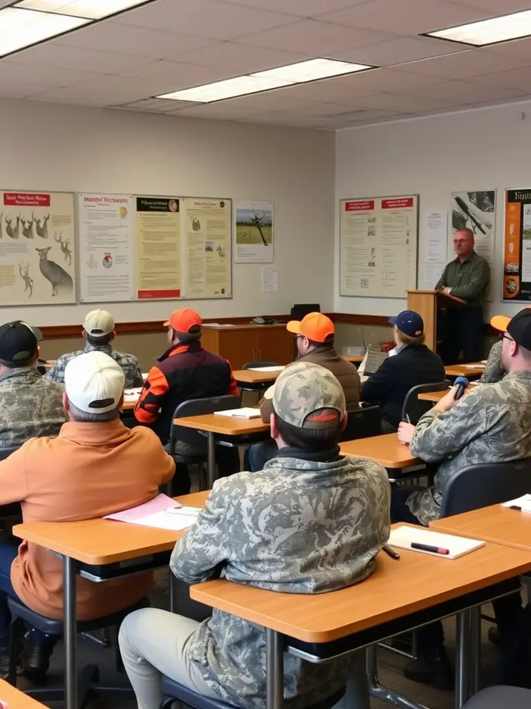 A photograph of a group of hunters participating in a workshop on responsible hunting practices, set in a classroom with educational materials visible.