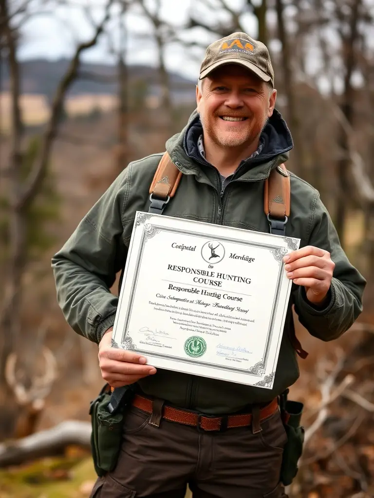 An image of a hunter receiving a certification for completing a responsible hunting course, symbolizing recognition and commitment to ethical practices.