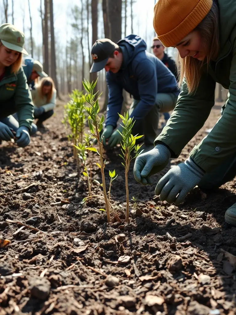 A scenic image of a forest where a conservation project is taking place, showing volunteers planting trees and maintaining the habitat.