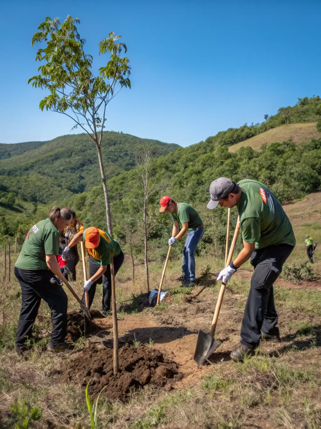 An image of members participating in a habitat restoration project, planting trees and maintaining natural areas, showcasing their commitment to environmental preservation.